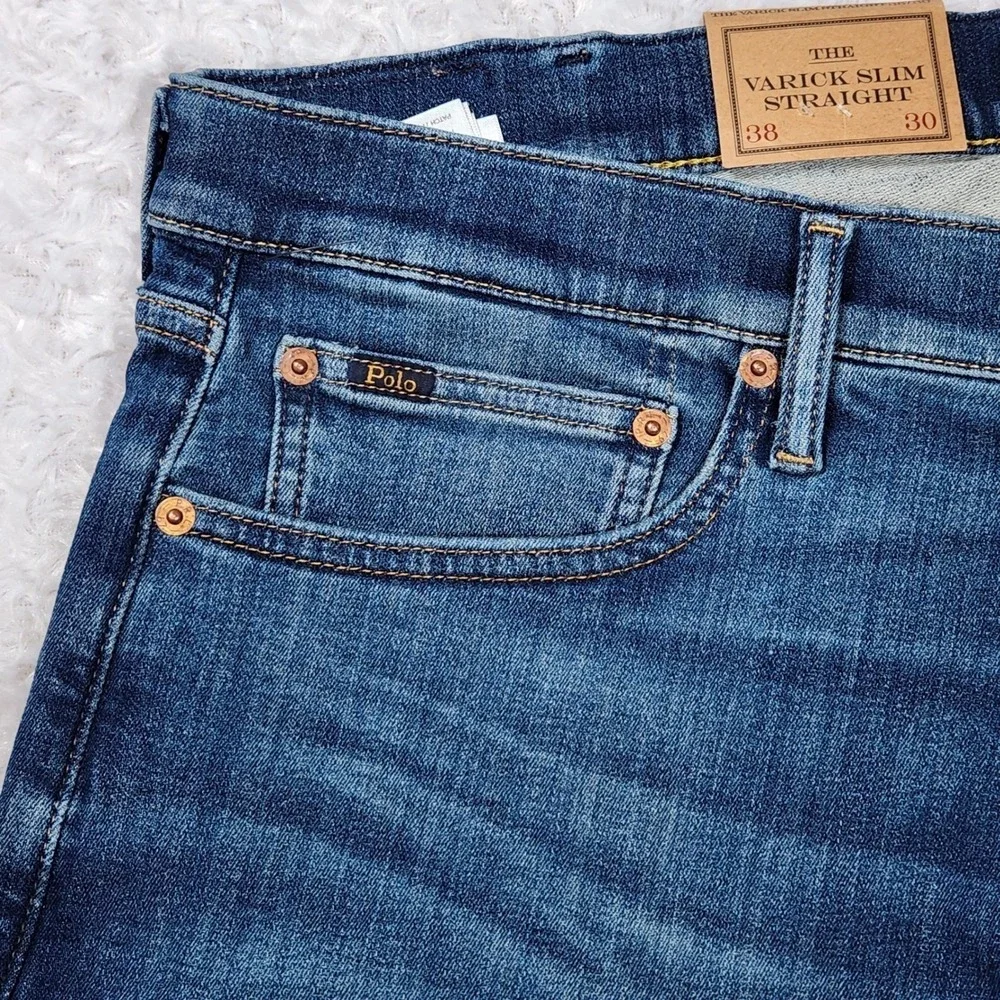 NWT Polo Ralph Lauren Varick‎ Slim Straight Jeans 38/30 Fit 40/30 Rope Dyed Blue
